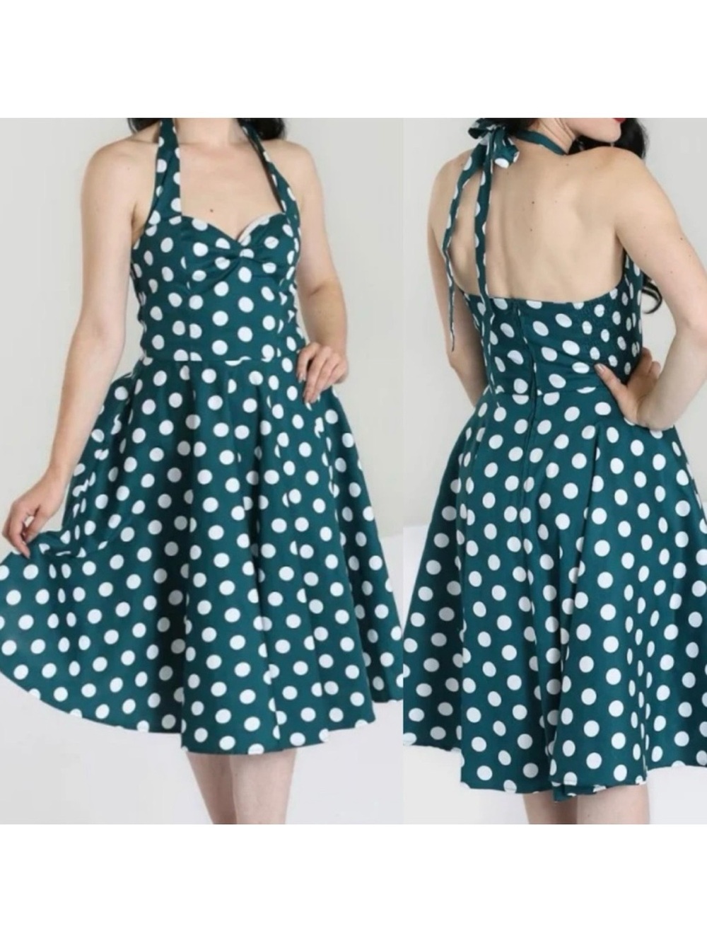 Hell Bunny Vixen Mariam Halter Swing Fit & Flare 50’s Retro Midi Dress Teal Dot